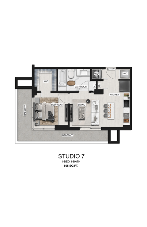 Floor plan for studio, 1 bath, 565 sqft